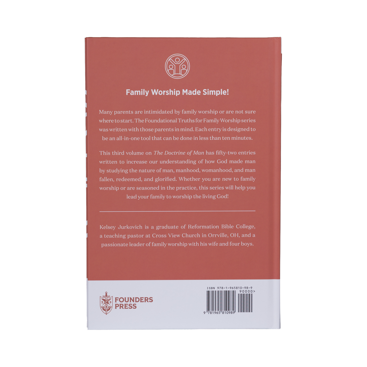Back cover of a book titled 'Family Worship Made Simple' with text and Founders Press logo.