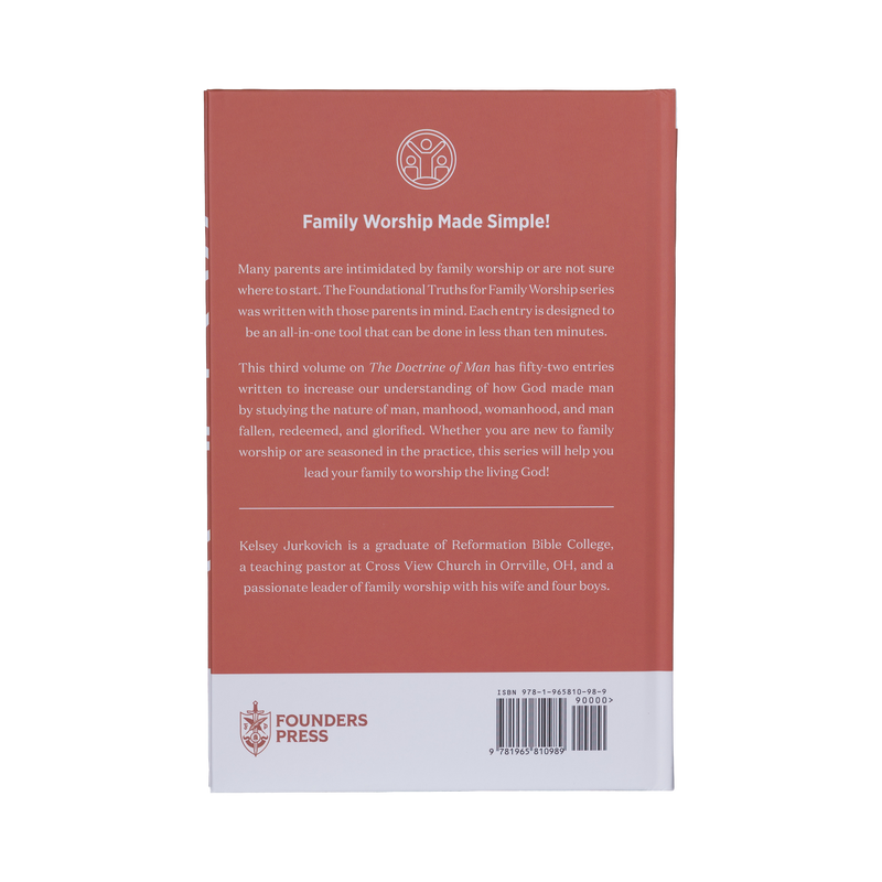 Back cover of a book titled 'Family Worship Made Simple' with text and Founders Press logo.