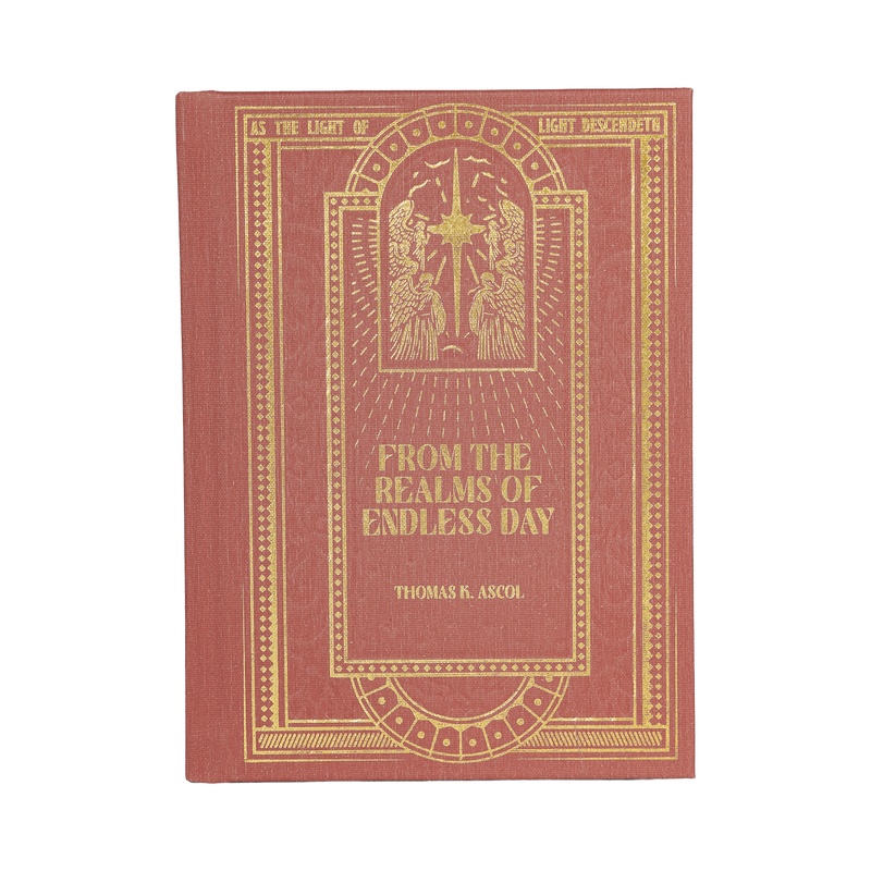 Red book with gold decorative elements on a white background