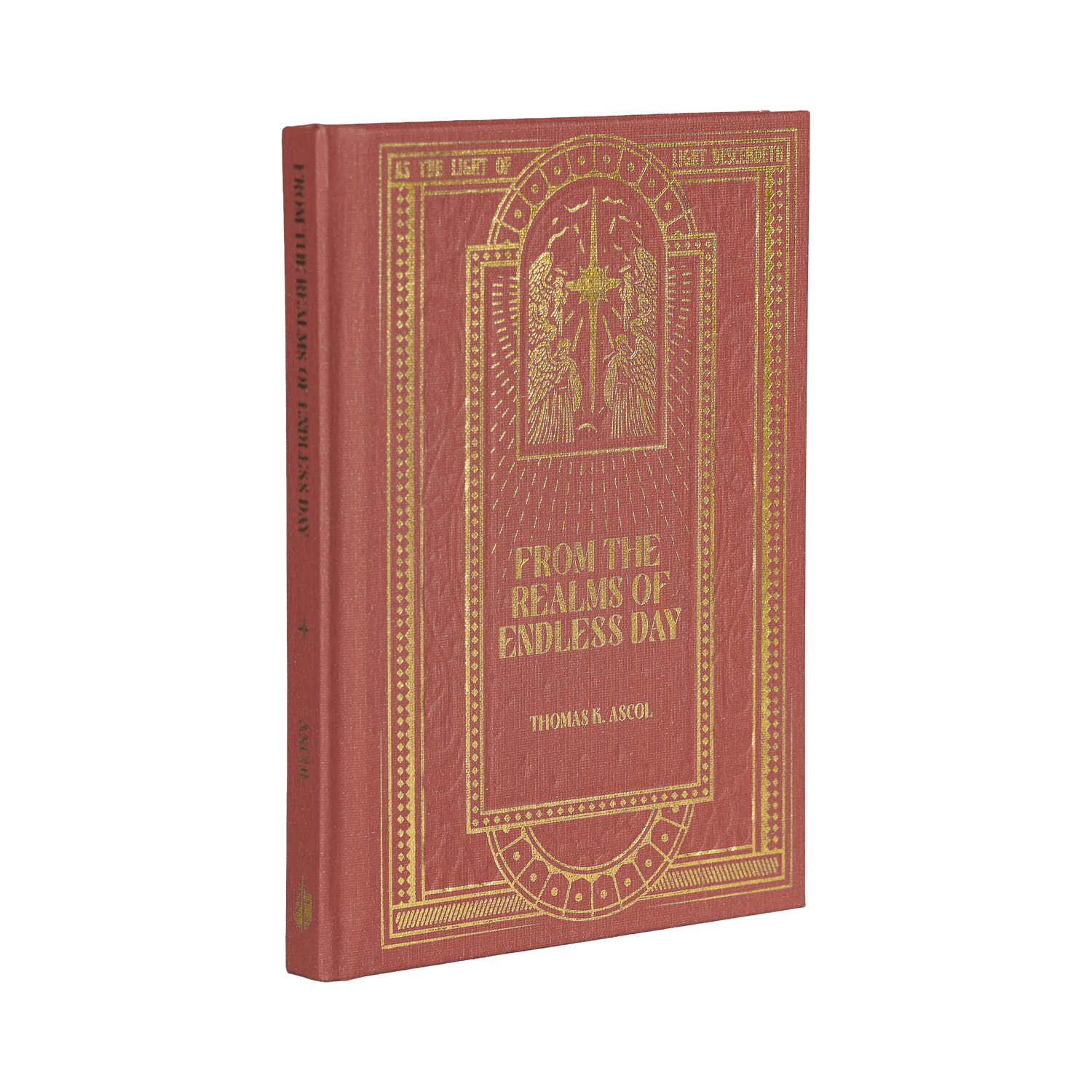 Red book with gold embossed design on a white background