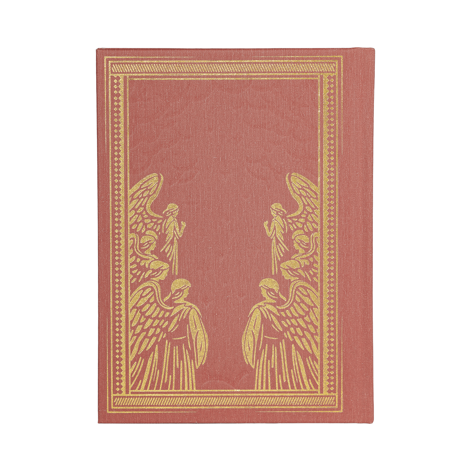 Red book with gold decorative angels on a white background