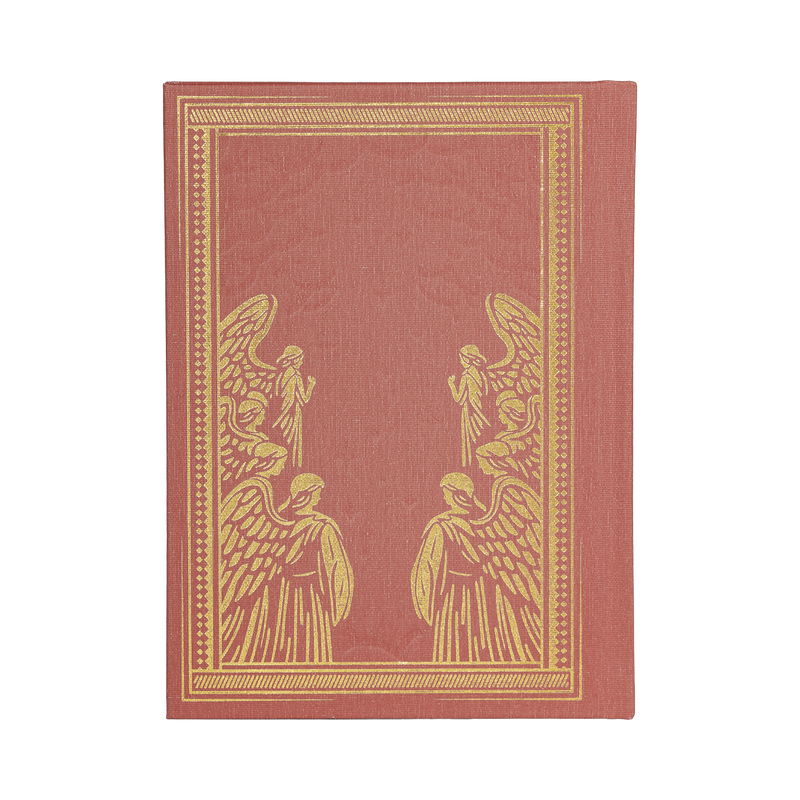 Red book with gold decorative angels on a white background