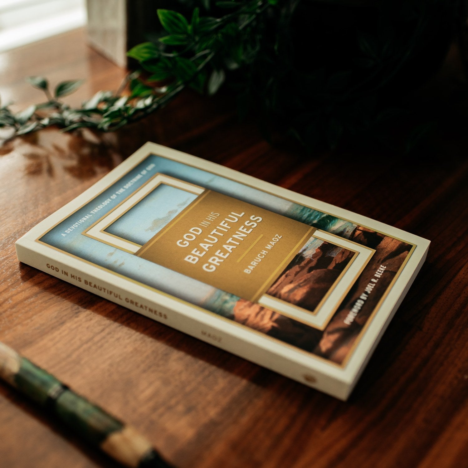 Book titled 'God in His Beautiful Greatness' on a wooden surface with greenery in the background