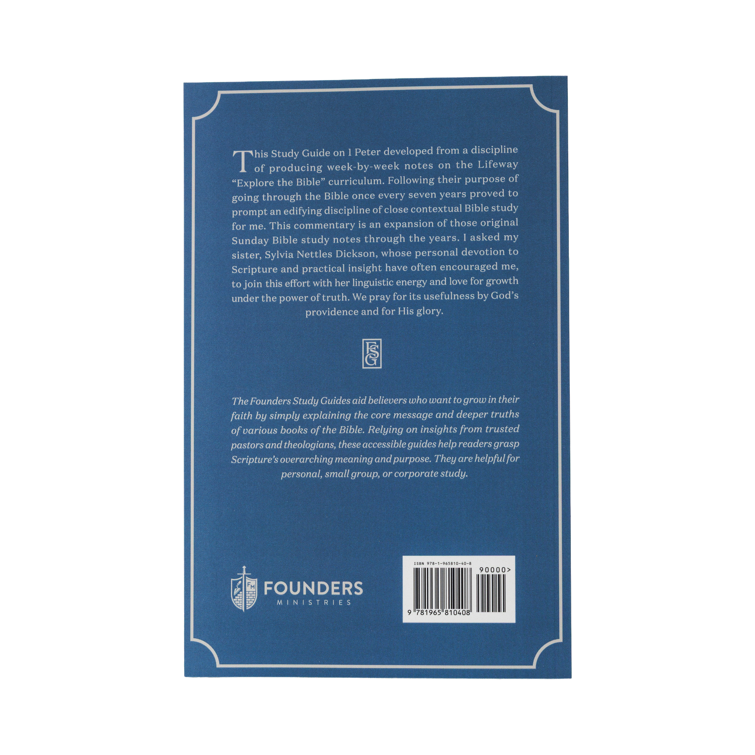 Back cover of a book with text and Founders Ministries logo on a blue background