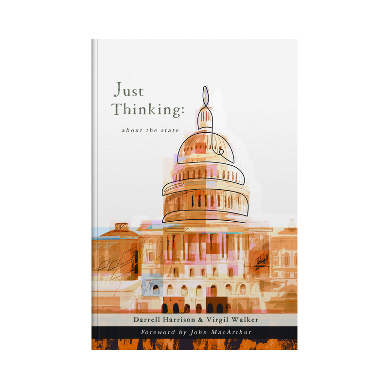 Book cover with a colorful illustration of a building and text 'Just Thinking: about the state' on a white background