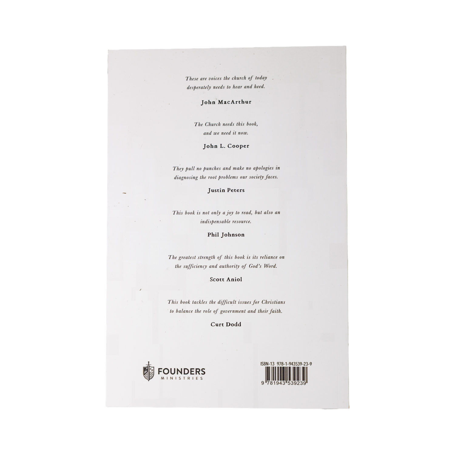 Back cover of a book with text and Founders Ministries logo