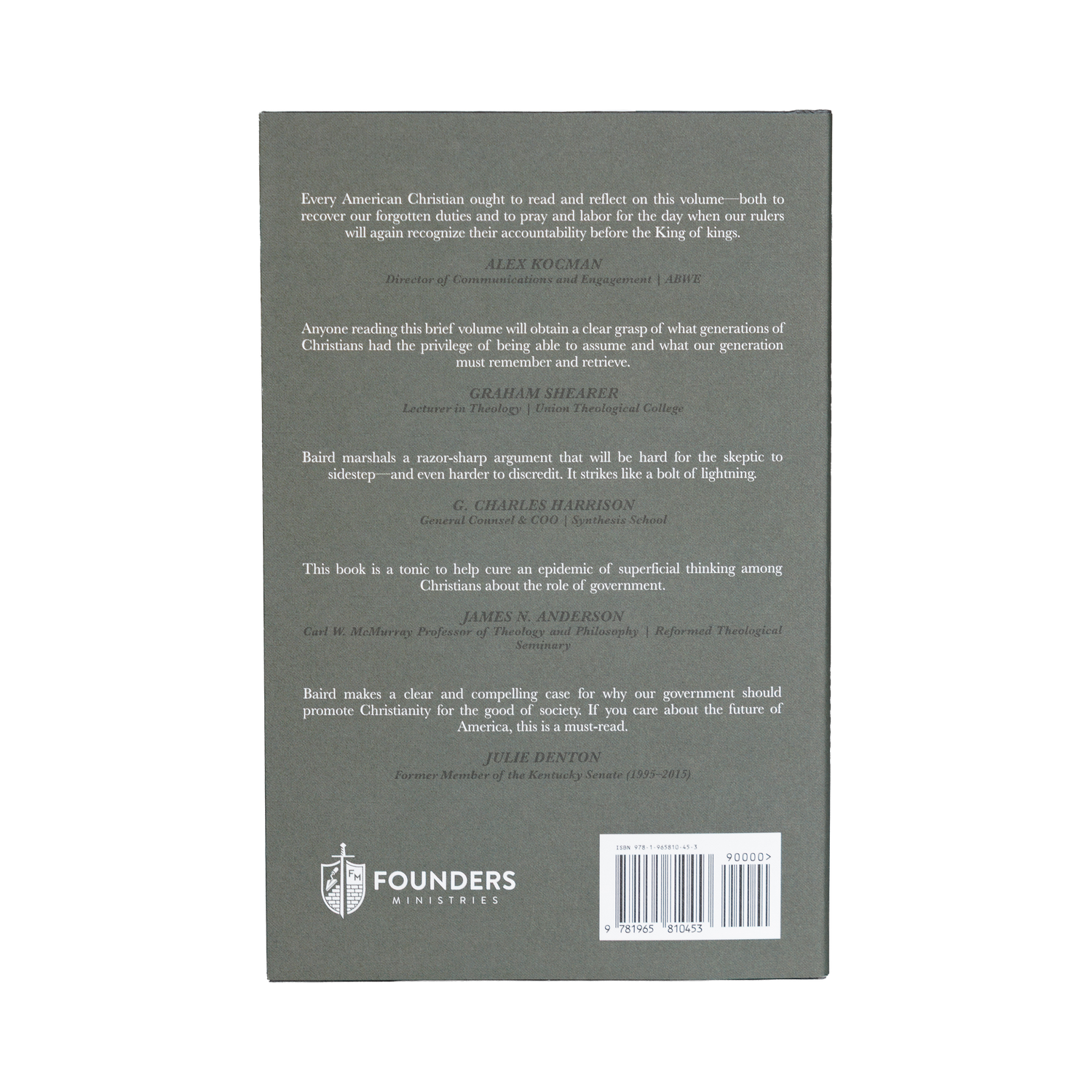 Back cover of a book with text and Founders Ministries logo