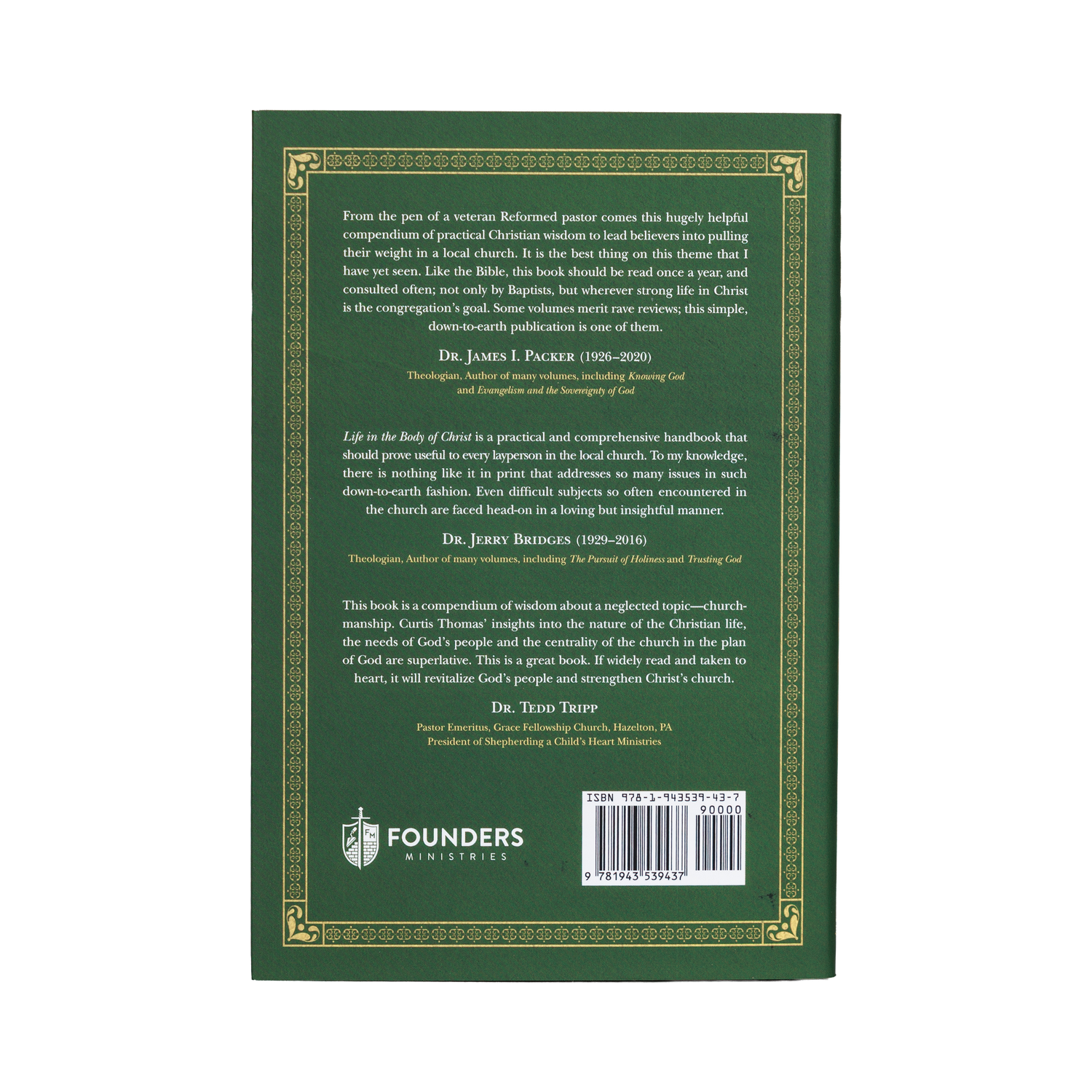 Back cover of a book with text and Founders Ministries logo on a green background