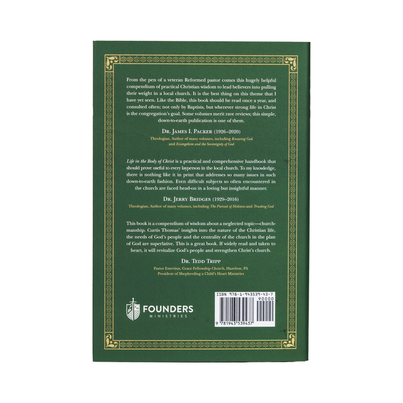 Back cover of a book with text and Founders Ministries logo on a green background