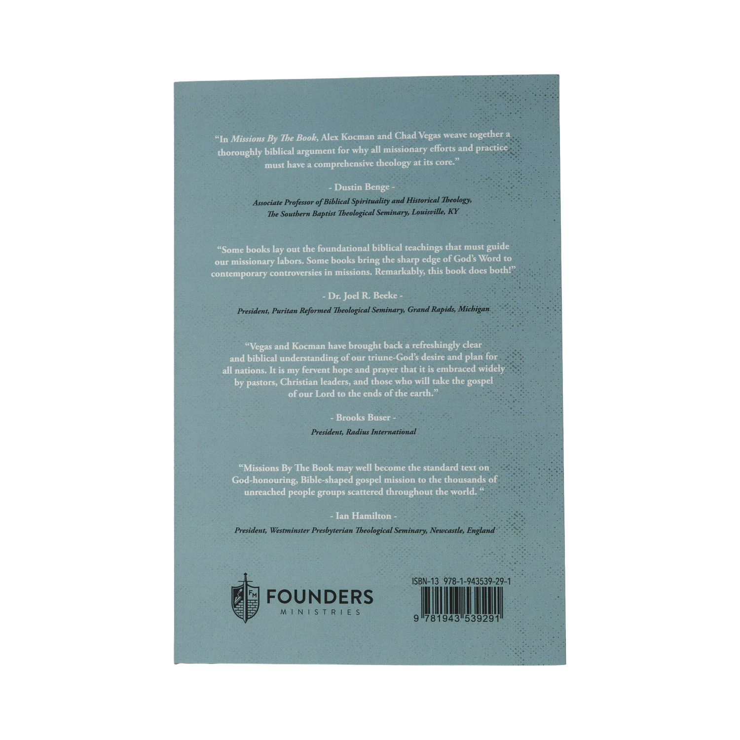 Back cover of a book with text and Founders Ministries logo