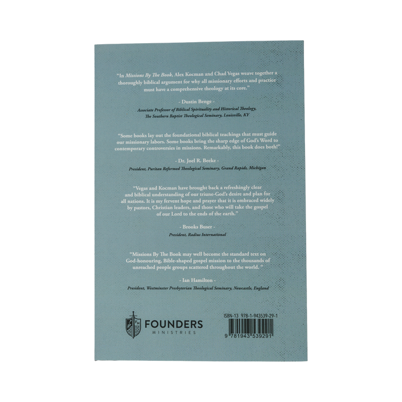 Back cover of a book with text and Founders Ministries logo