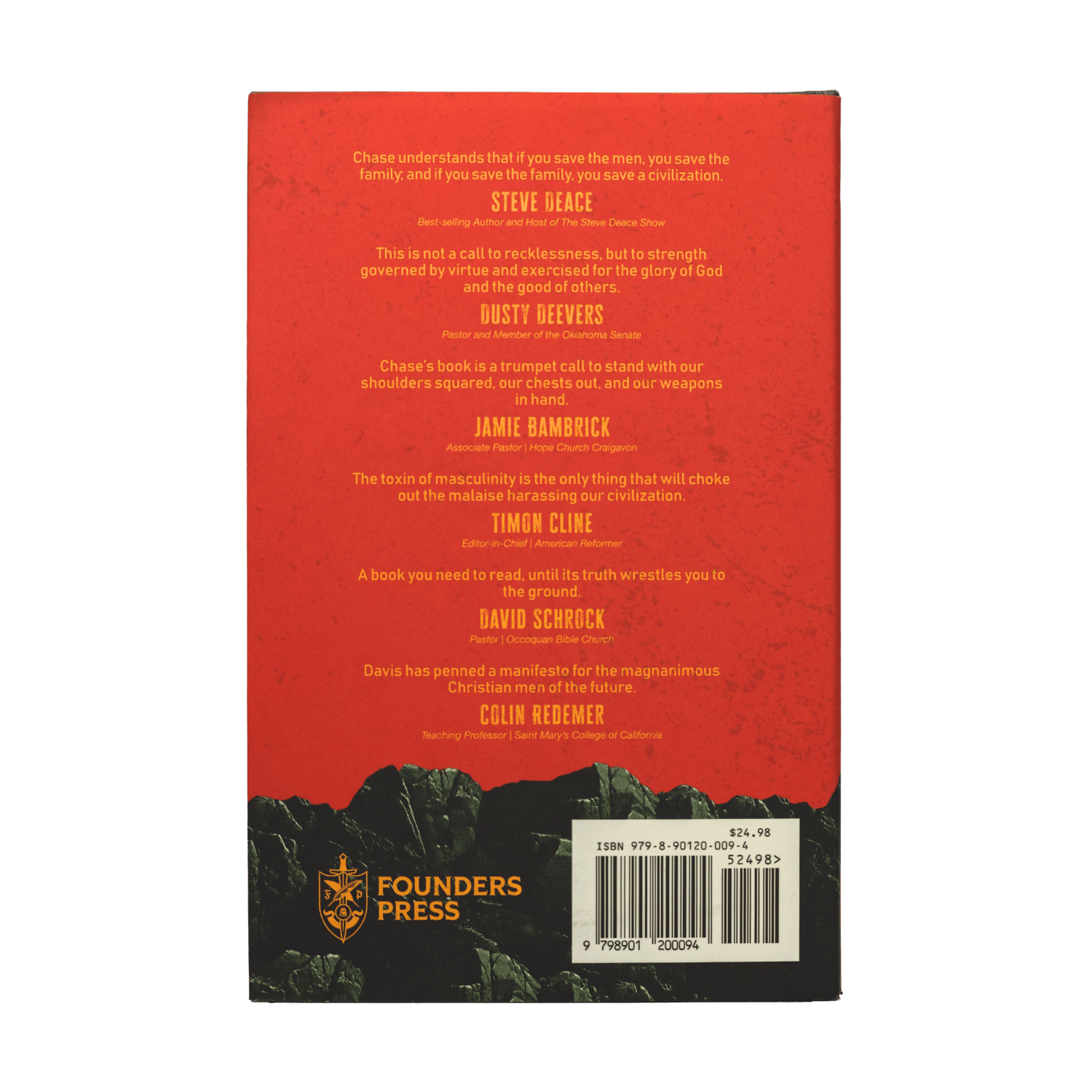 The back cover of the book, published by Founders Press. The cover features a textured red upper section with white text, a black mountain illustration at the bottom, and a white barcode box in the lower right.