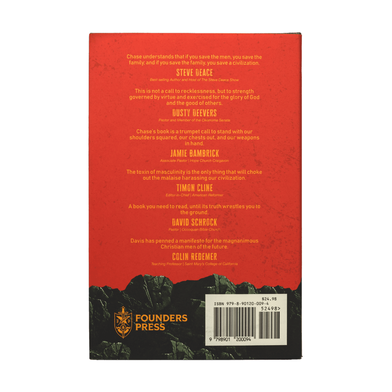 The back cover of the book, published by Founders Press. The cover features a textured red upper section with white text, a black mountain illustration at the bottom, and a white barcode box in the lower right.