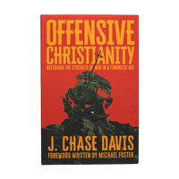 The book cover of 'Offensive Christianity' by J. Chase Davis, featuring a bold red background with yellow title text and a black illustration of St George killing the dragon