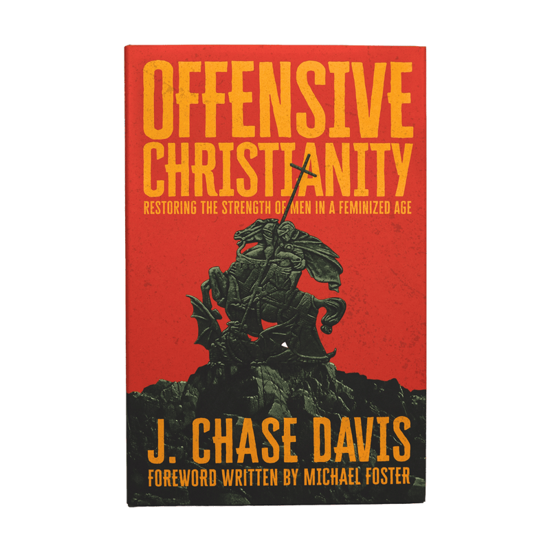 The book cover of 'Offensive Christianity' by J. Chase Davis, featuring a bold red background with yellow title text and a black illustration of St George killing the dragon