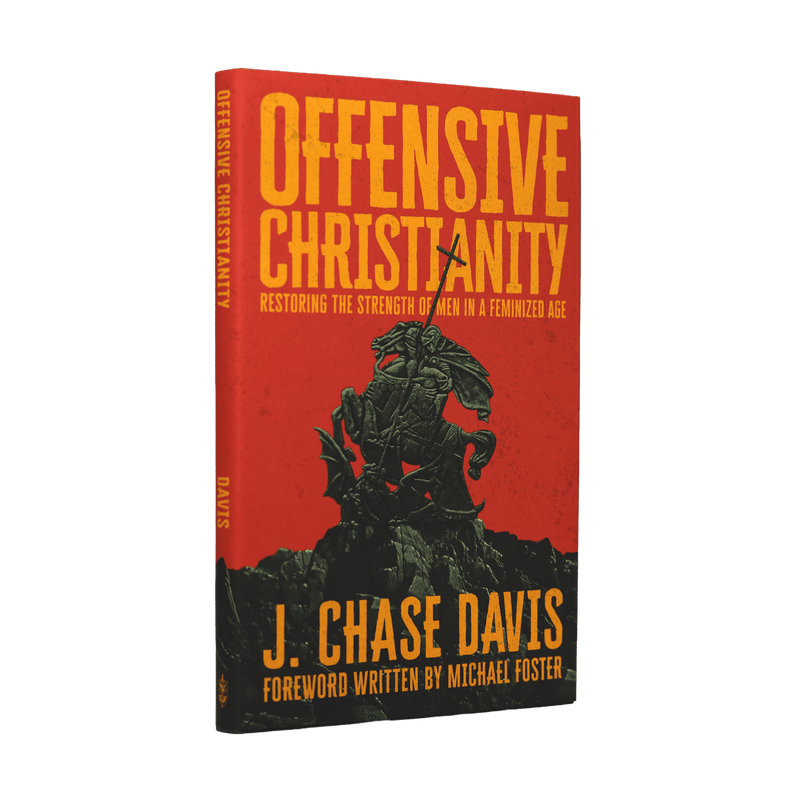 The book cover of 'Offensive Christianity' by J. Chase Davis, featuring a bold red background with yellow title text and a black illustration of St George killing the dragon