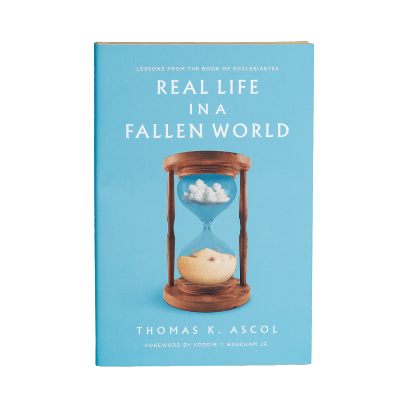 Book cover of 'Real Life in a Fallen World' with an hourglass design on a blue background
