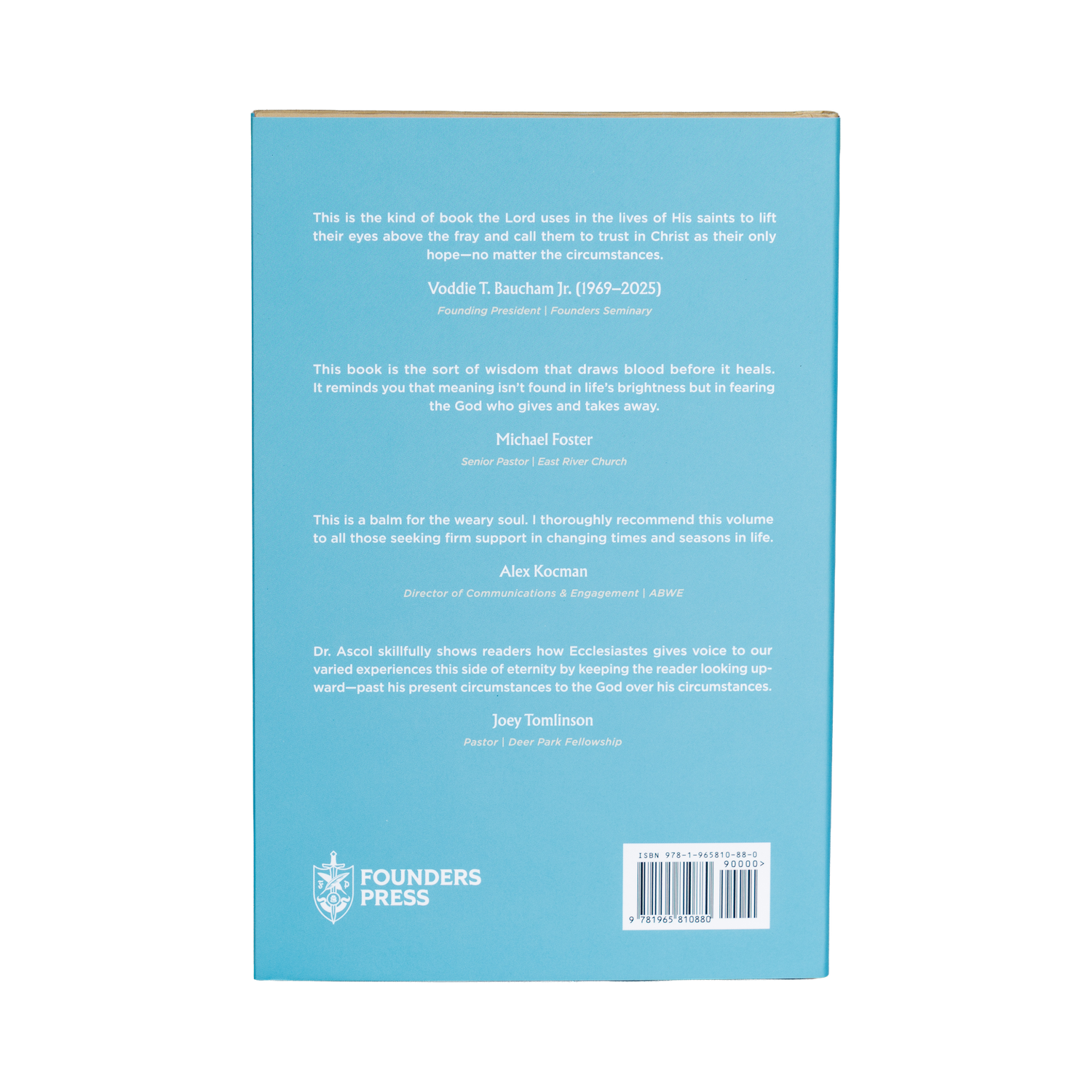 Back cover of a book with text and Founders Press logo on a blue background