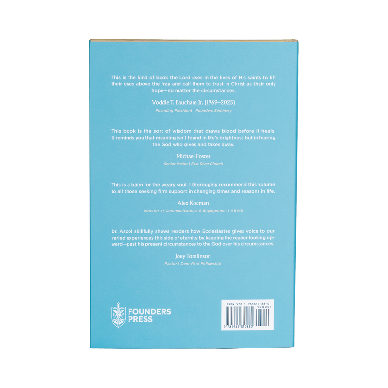 Back cover of a book with text and Founders Press logo on a blue background