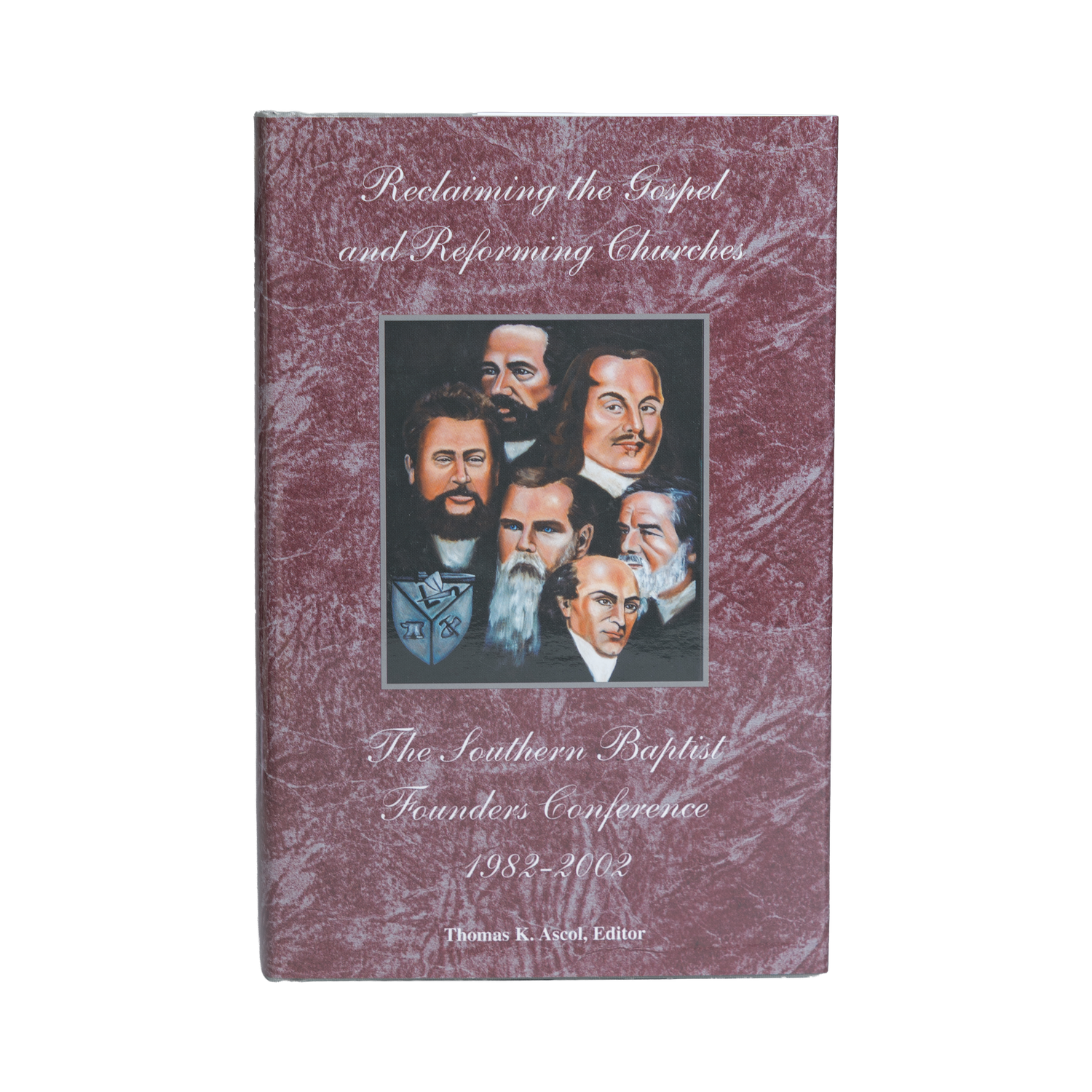 Book cover with portraits of men and text on a maroon background