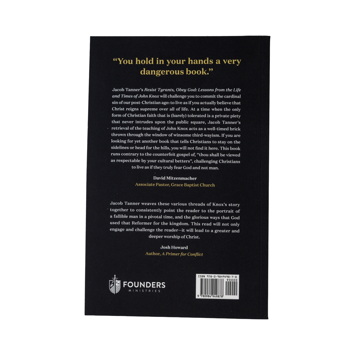Back cover of a book with text and Founders Ministries logo
