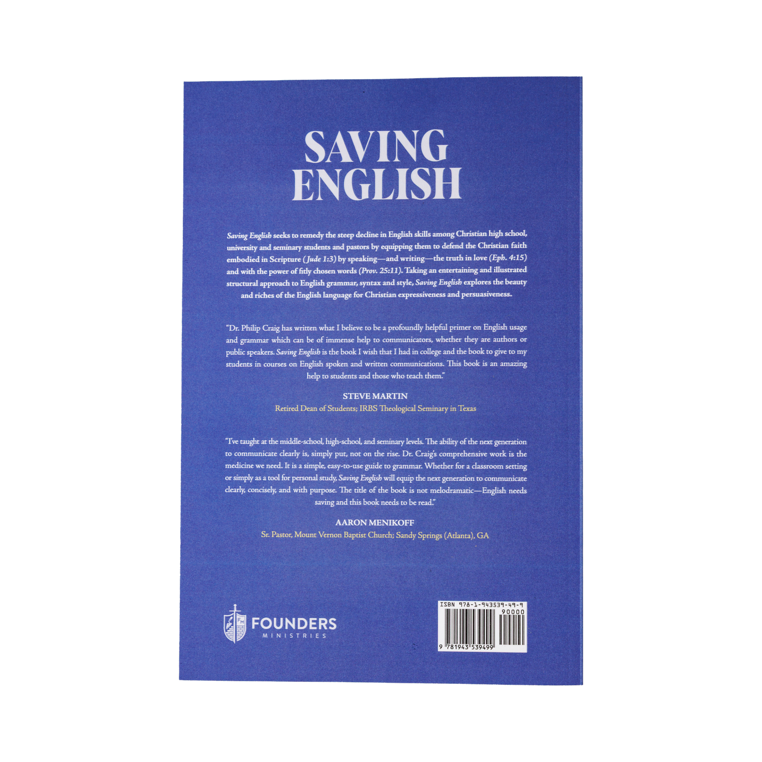 Back cover of a book titled 'Saving English' with text and a logo on a blue background.