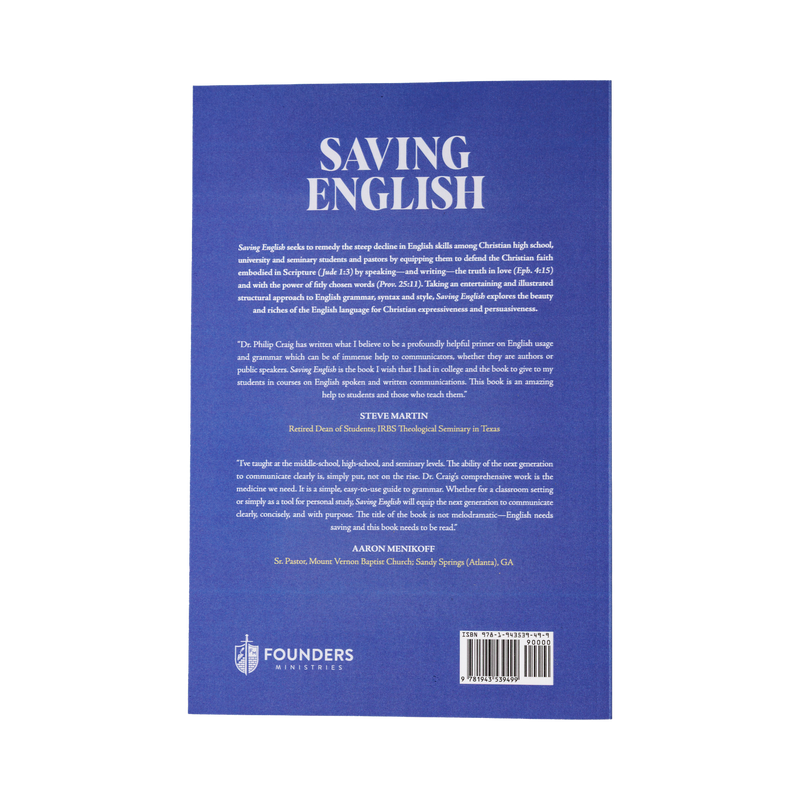 Back cover of a book titled 'Saving English' with text and a logo on a blue background.