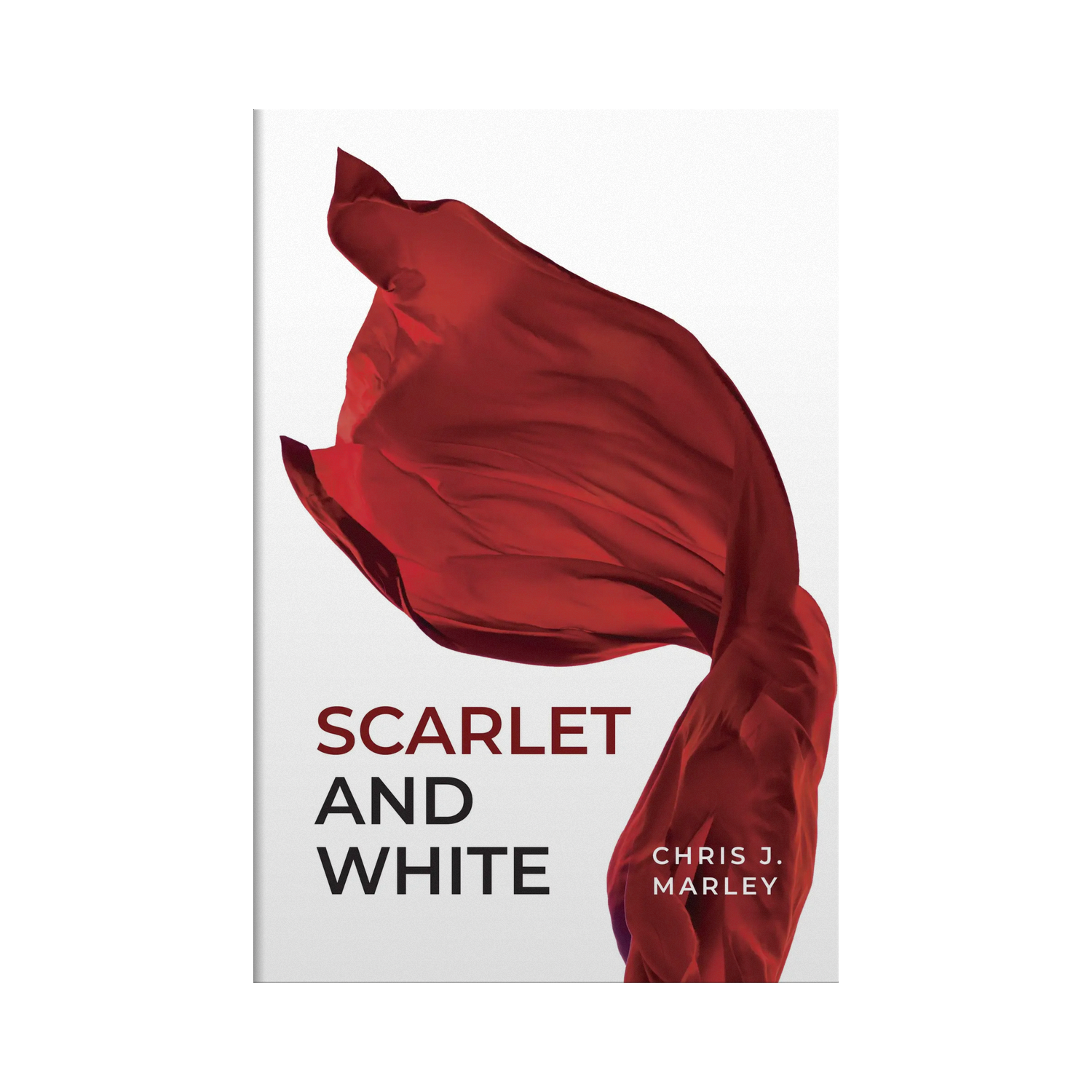 Book cover of 'Scarlet and White' by Chris J. Marley with a red fabric design on a white background