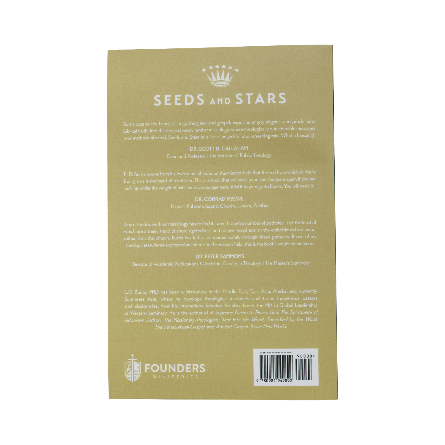 Back cover of a book titled 'Seeds and Stars' with text and branding on a beige background
