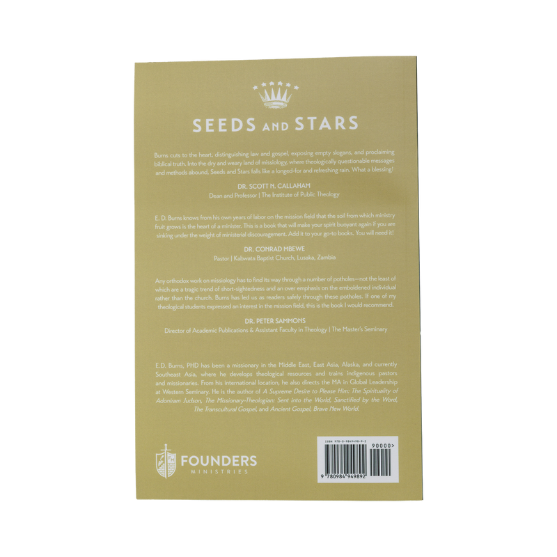 Back cover of a book titled 'Seeds and Stars' with text and branding on a beige background