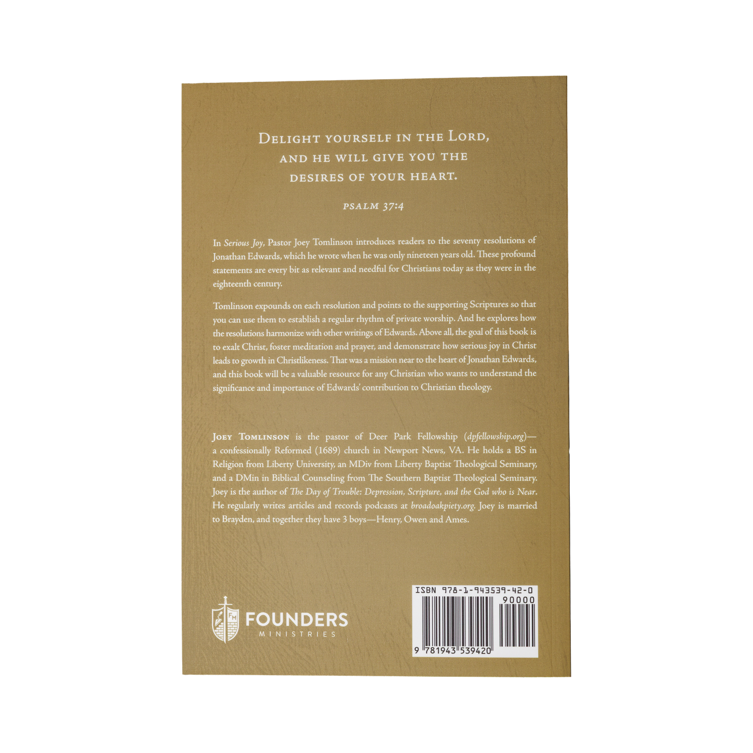 Back cover of a book with text and Founders Ministries logo