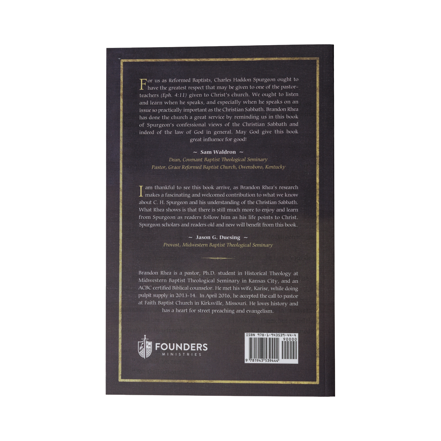 Back cover of a book with text and Founders Ministries logo