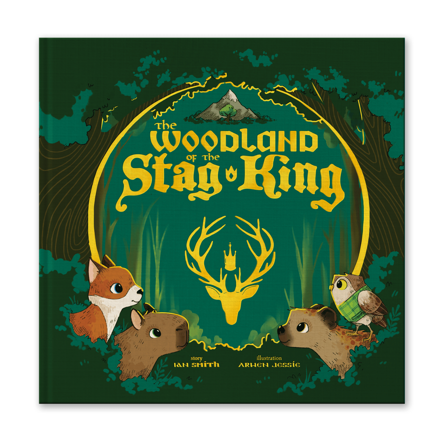 Front book cover with woodland creature in the woods. Green background with gold foil letter for the title.