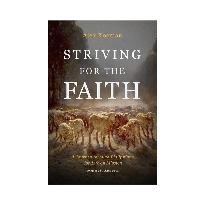 Book cover of 'Striving for the Faith' by Alex Kocman with a shepherd and sheep illustration.
