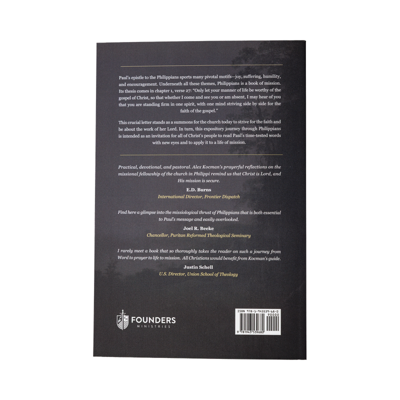 Back cover of a book with text and 'Founders Ministries' logo.
