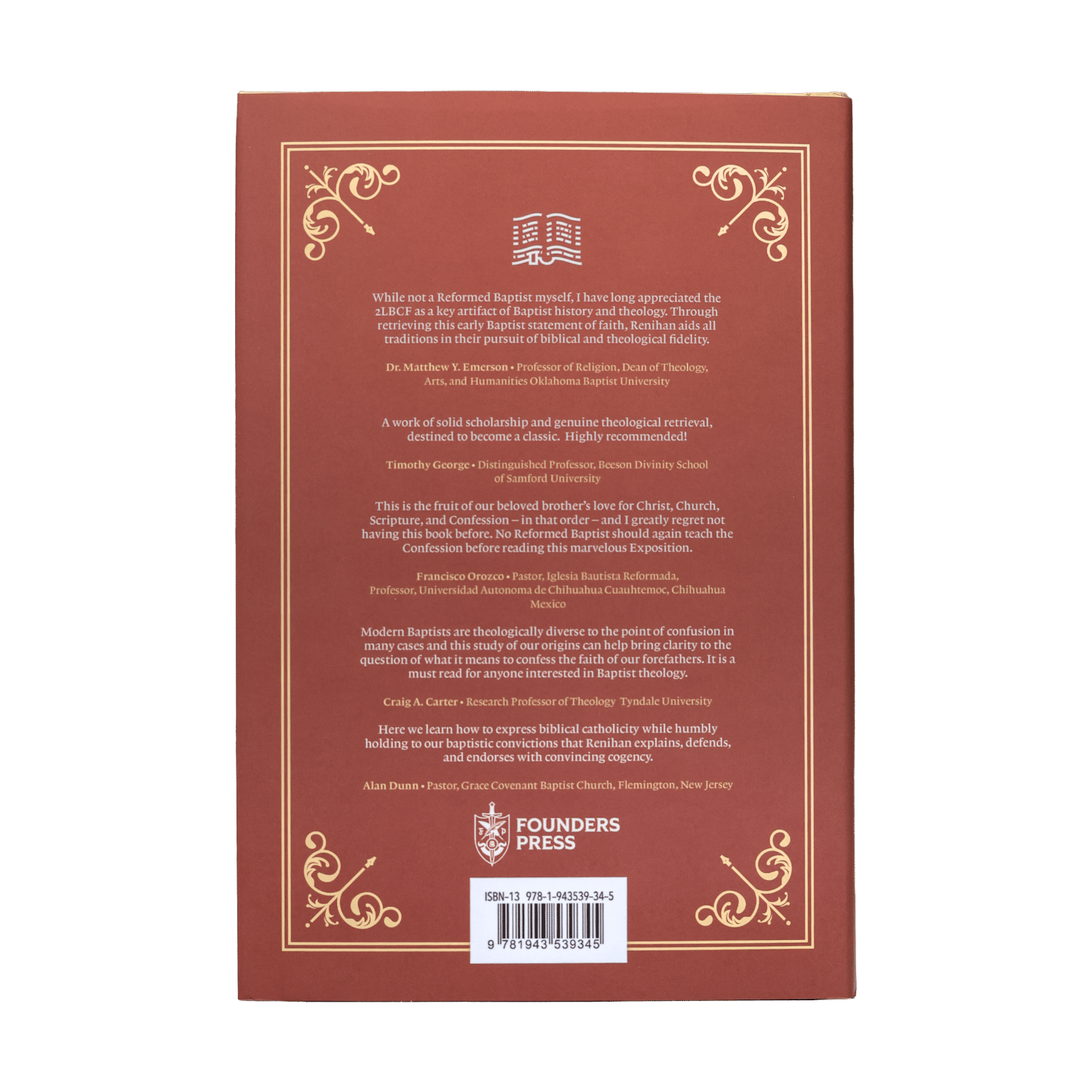 The back cover of a book with a reddish-brown background, decorated with gold ornamental borders and text. The title is not visible, but the bottom shows the Founders Press logo and barcode.