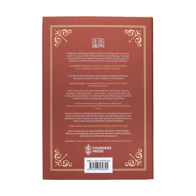 The back cover of a book with a reddish-brown background, decorated with gold ornamental borders and text. The title is not visible, but the bottom shows the Founders Press logo and barcode.