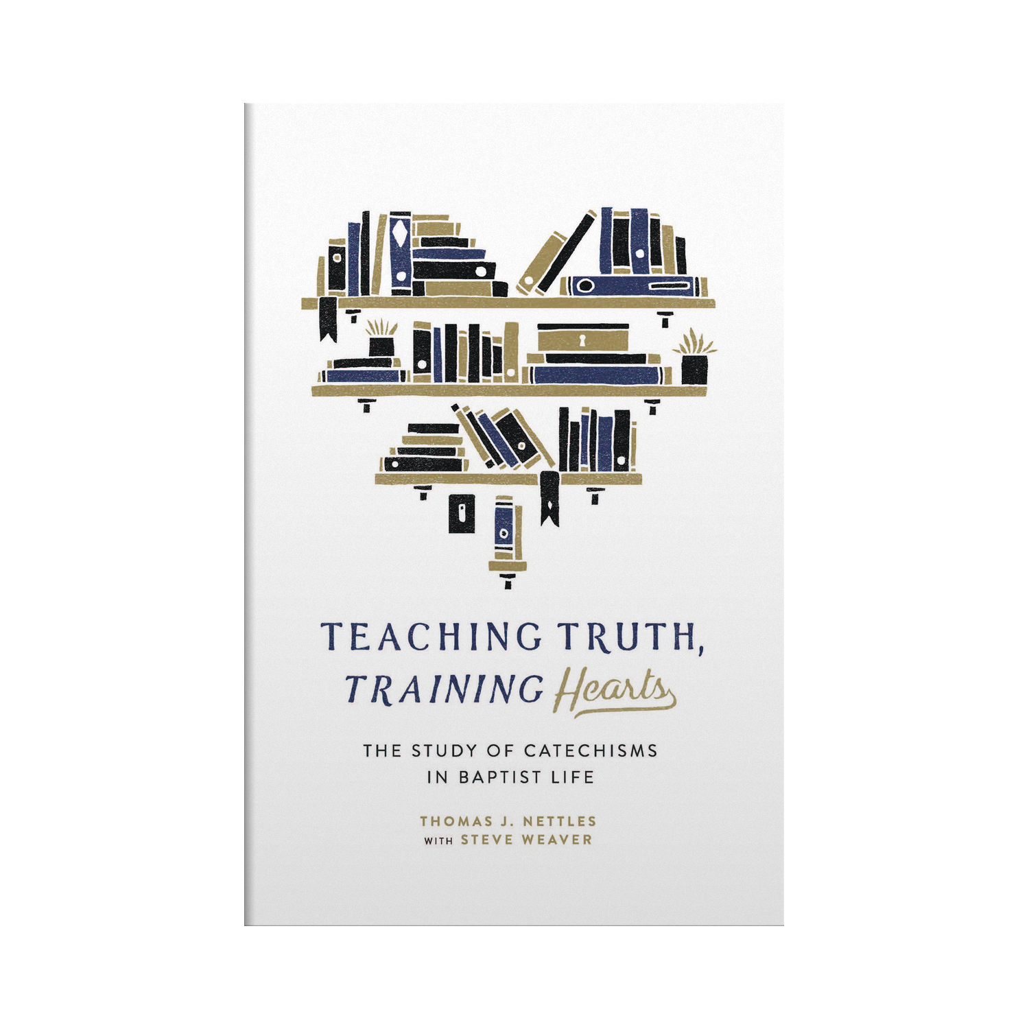 Book cover with bookshelf design and text 'Teaching Truth, Training Hearts' on a white background