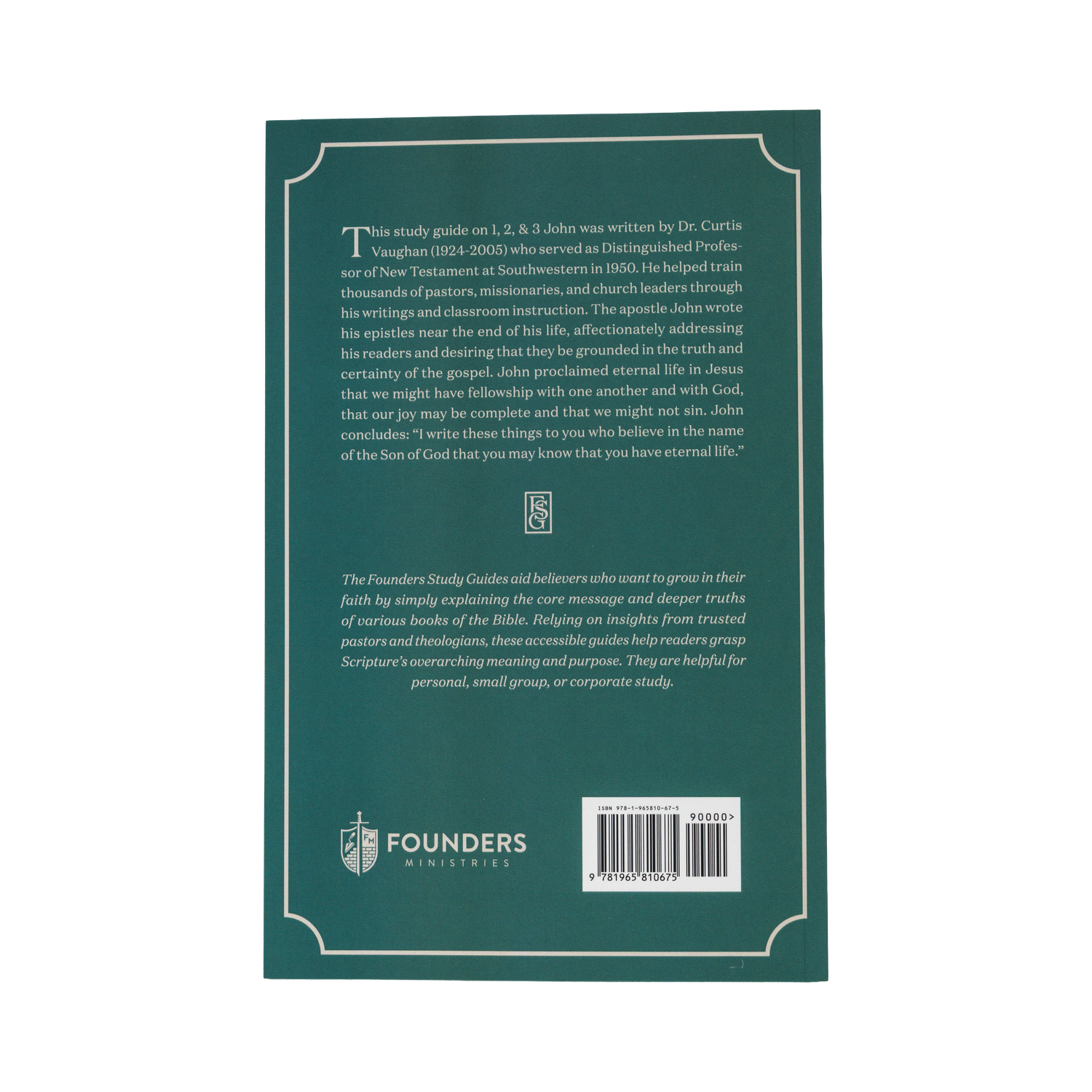 Back cover of a book with text and Founders Ministries logo on a green background