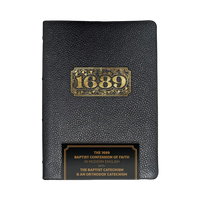 Black leather-bound book with gold 1689 embossed on a white background