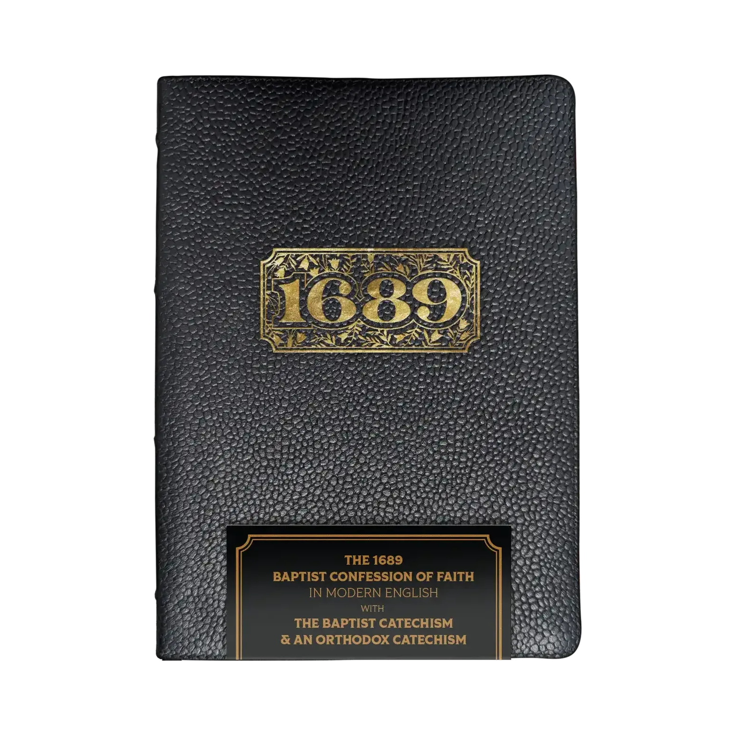 Black leather-bound book with gold 1689 embossed on a white background
