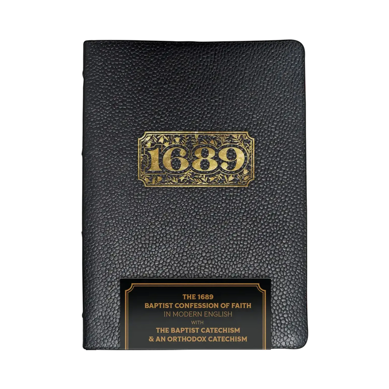 Black leather-bound book with gold 1689 embossed on a white background