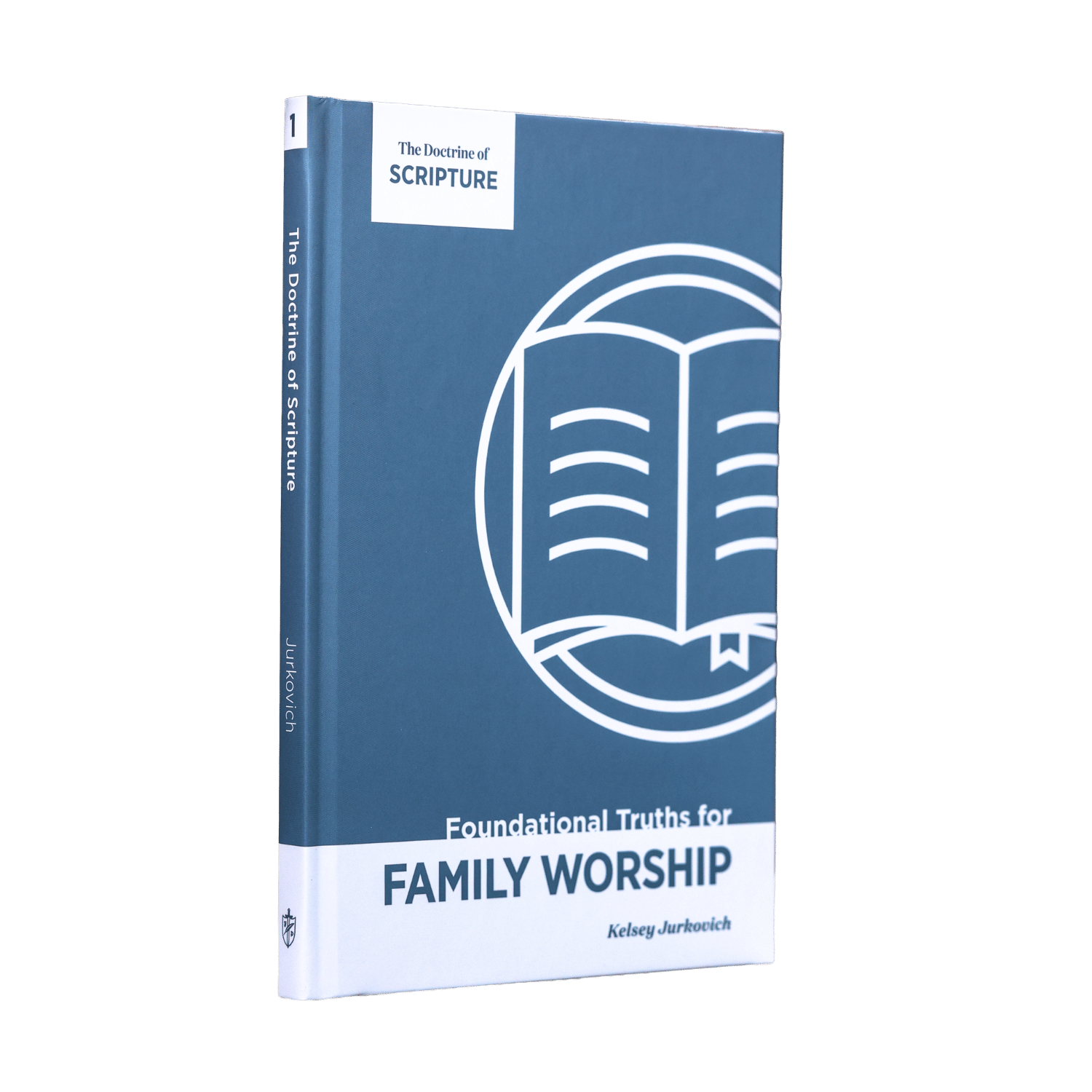A single book titled "The Doctrine of Scripture: Foundational Truths for Family Worship" by Kelsey Jurkovich, shown standing upright at a slight angle. The book cover is primarily slate blue with a white lower section and white line art of an open book.