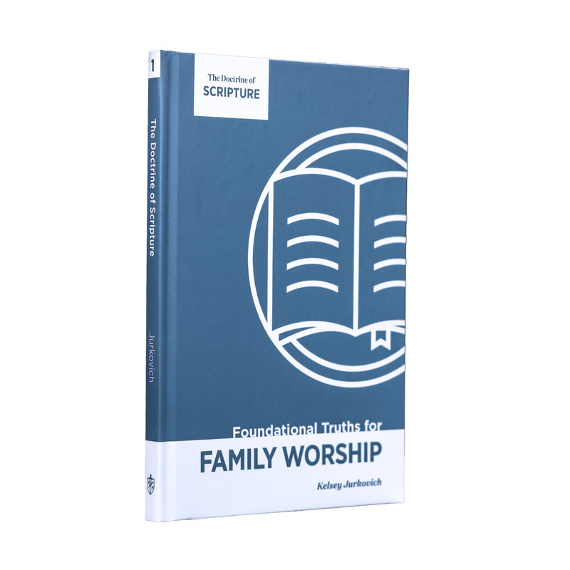 A single book titled "The Doctrine of Scripture: Foundational Truths for Family Worship" by Kelsey Jurkovich, shown standing upright at a slight angle. The book cover is primarily slate blue with a white lower section and white line art of an open book.