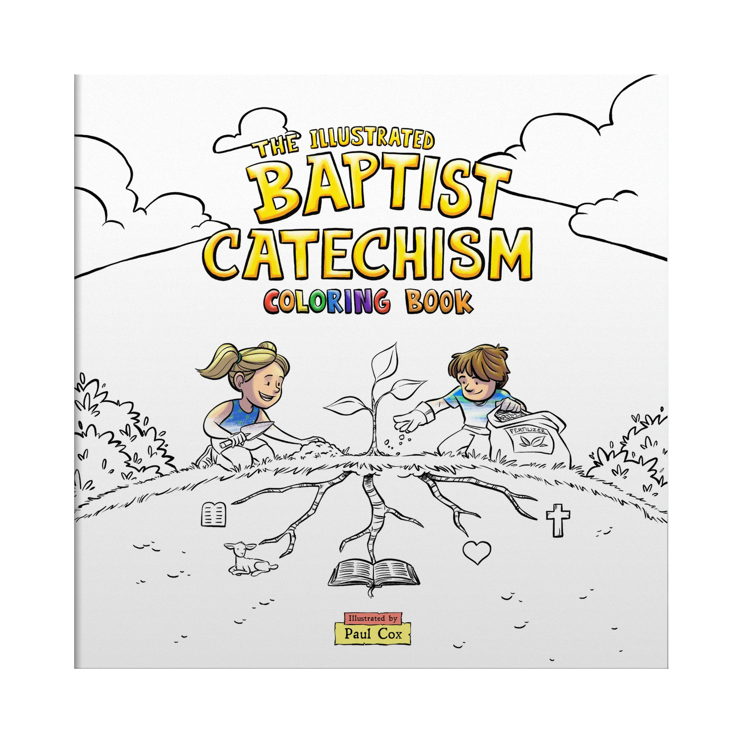 Cover of 'The Illustrated Baptist Catechism Coloring Book' with illustrations of two children and text.