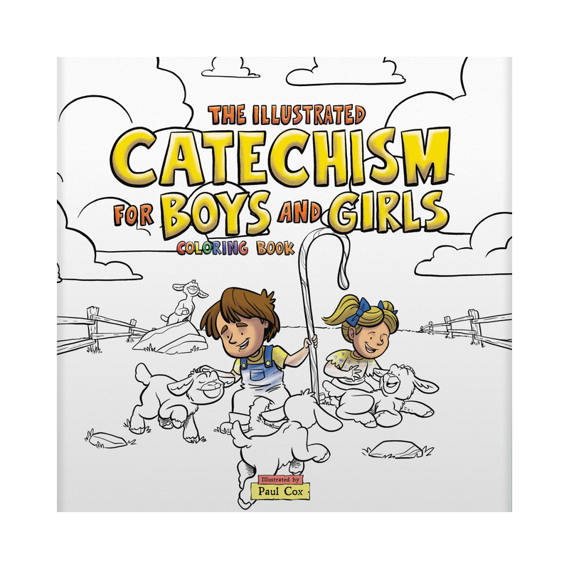 Coloring book cover titled 'The Illustrated Catechism for Boys and Girls' with illustrations of two children and animals.