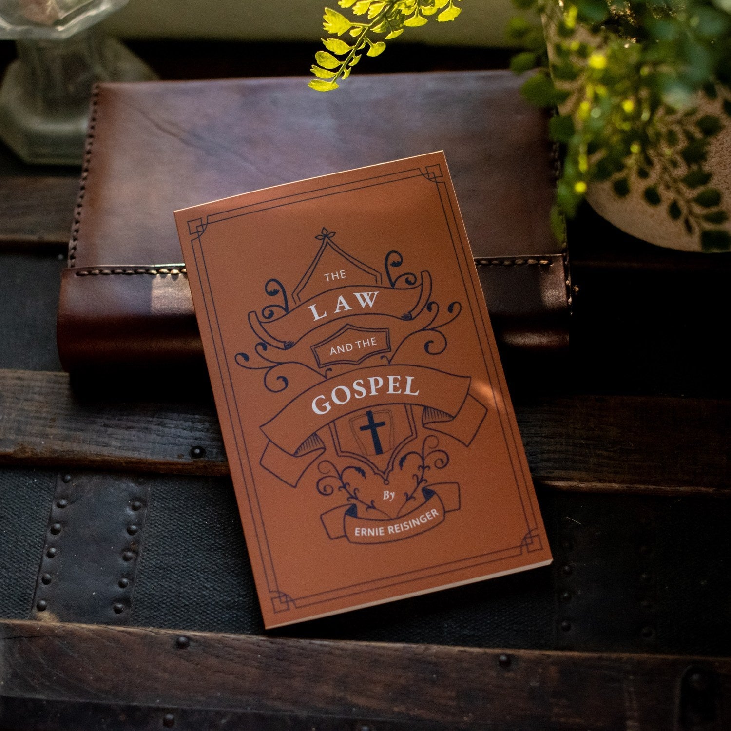 Brown book titled 'The Law and the Gospel' on a wooden surface with plants in the background.
