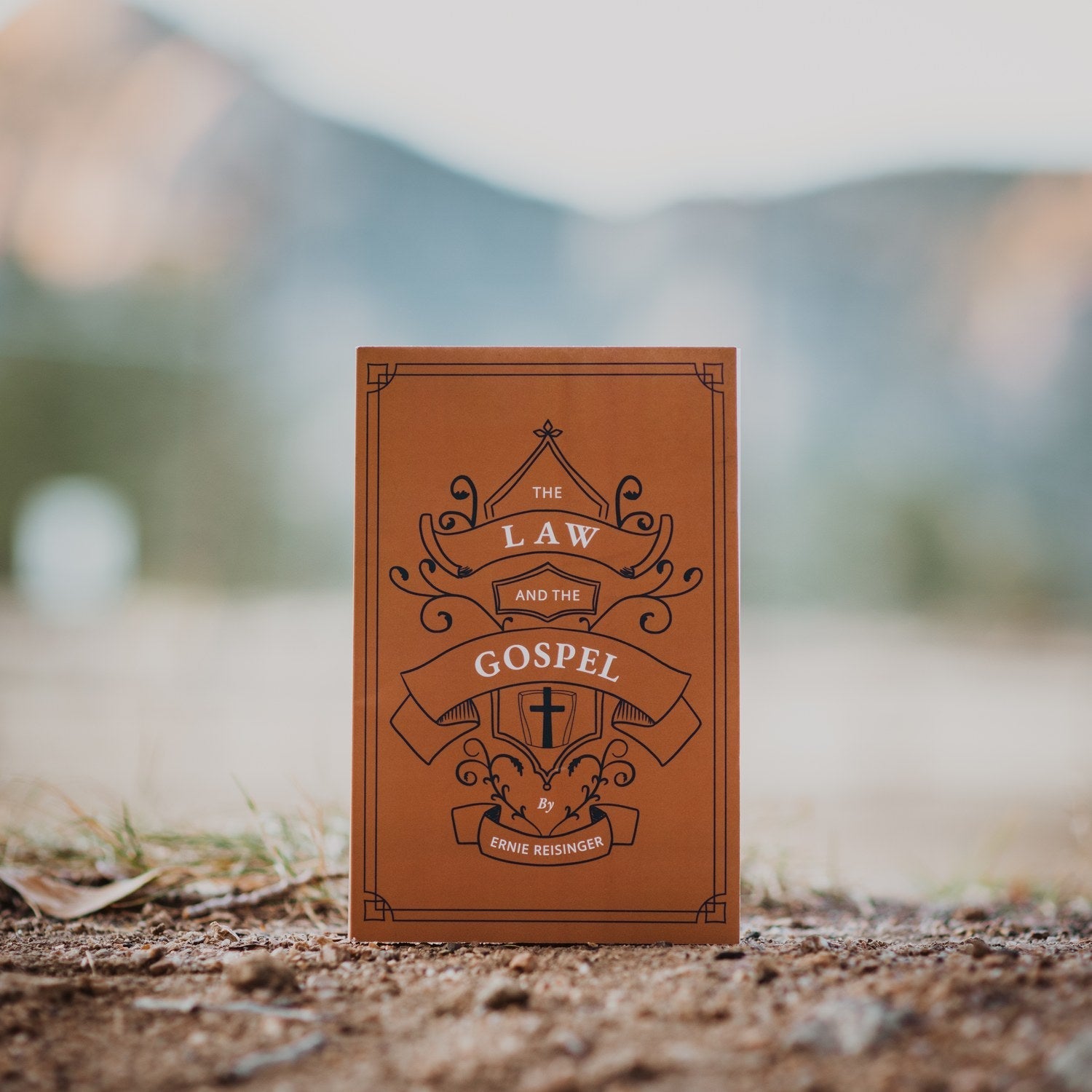 Brown book titled 'The Law and the Gospel' by Ernie Reisinger on a natural background